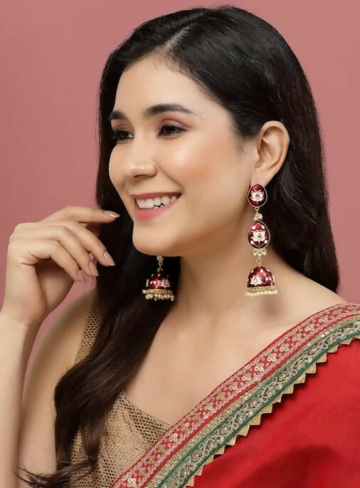 Alloy Base Metal Gold-Toned Kundan Oval Jhumkas Earrings for Women & Girls By House of Ree - Grab2buy