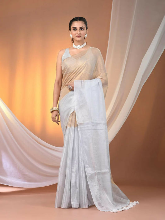 Exclusive Collection Beautiful Pino White Gold Tissue Silk Hand Weaving Handloom Grab2Buy With Running Blouse Piece