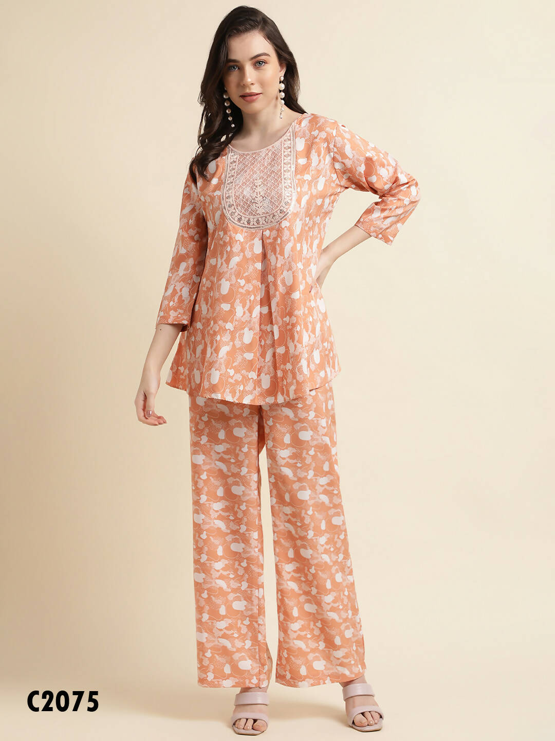 Orange Poly Crepe Digital Printed Top with Matching Bottom - Preeti