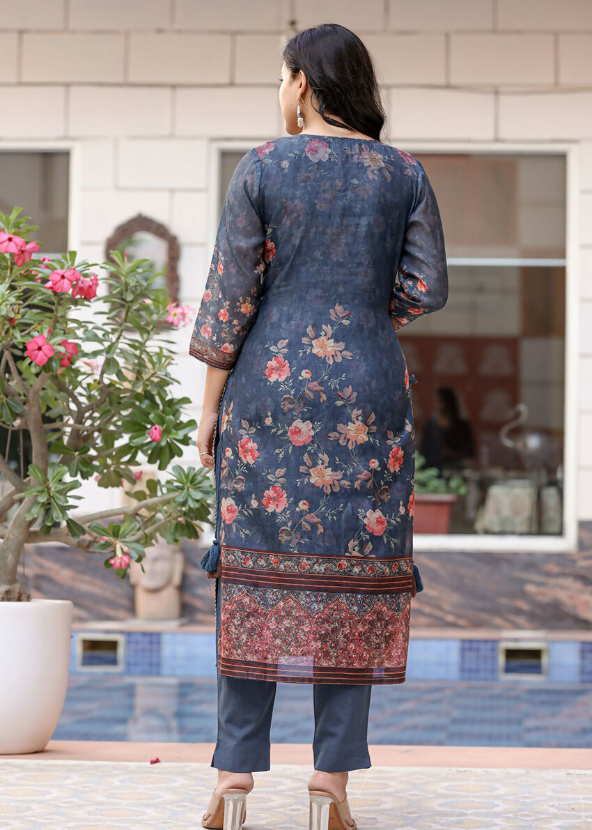 Kaajh Women's Navy Blue Digital Print Flora Chanderi Kurta Pant Set With Dupatta