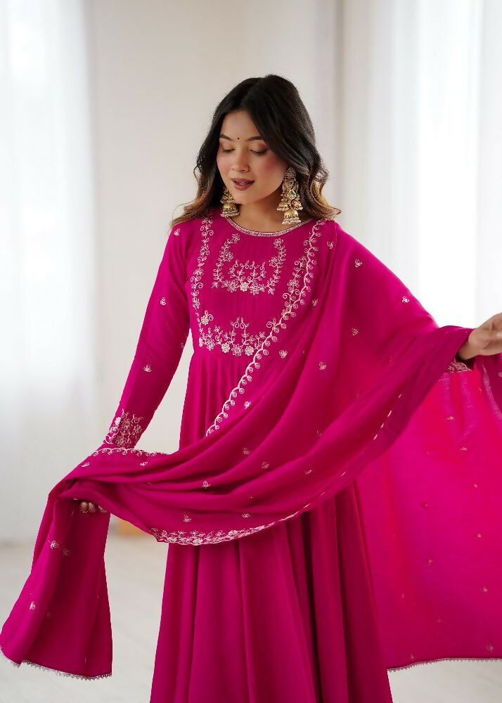 Joban Fashion Dark Pink Kurta Set Chanderi Sequence Embroidery Work 
