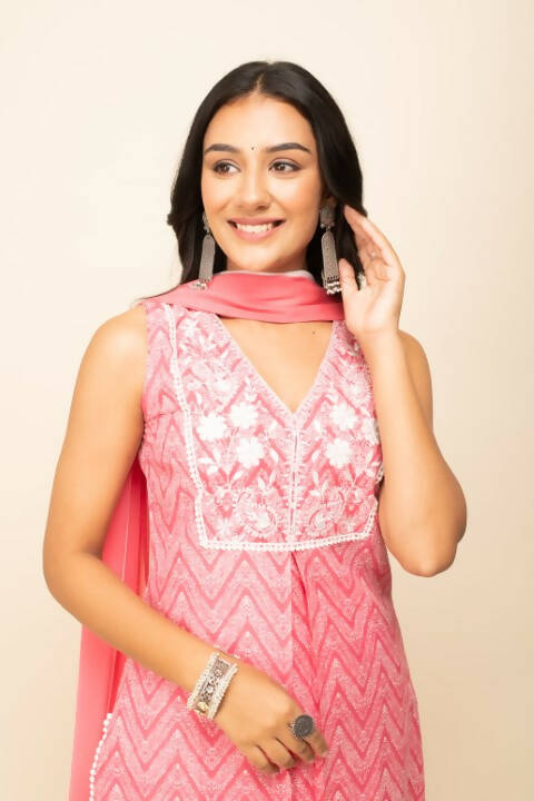 FIORRA Women's Peach Cotton Straight Kurta Palazzo Set With Dupatta 