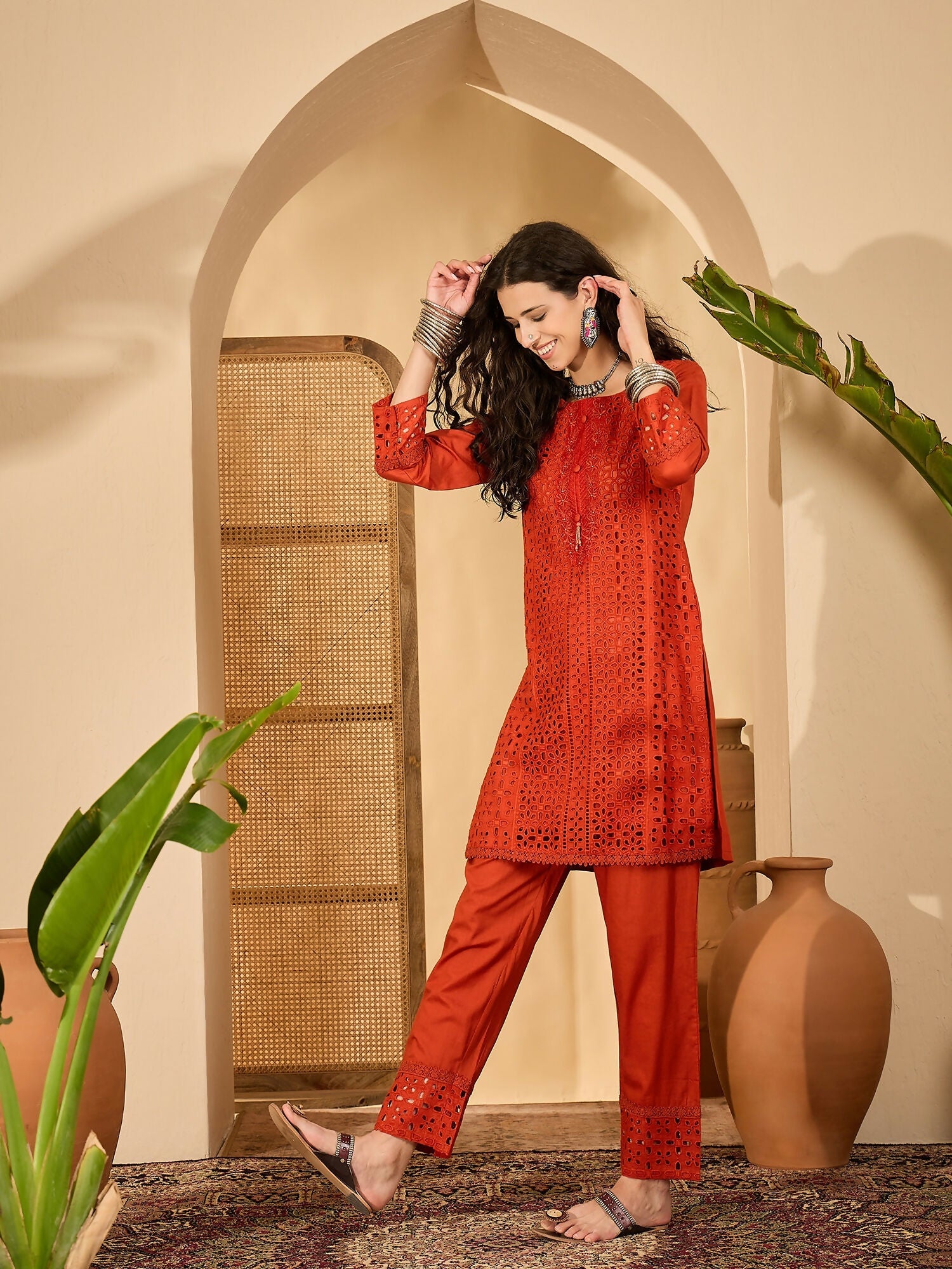 Joban Fashion Embroidery Rust Pure Cotton Cord Set
