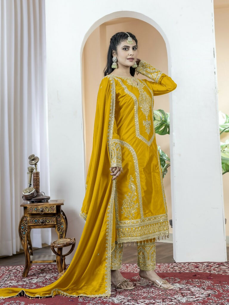 Teeya Creation Yellow Color Chinnon Silk Embroidery Work Fully Stitched Salwar Suit