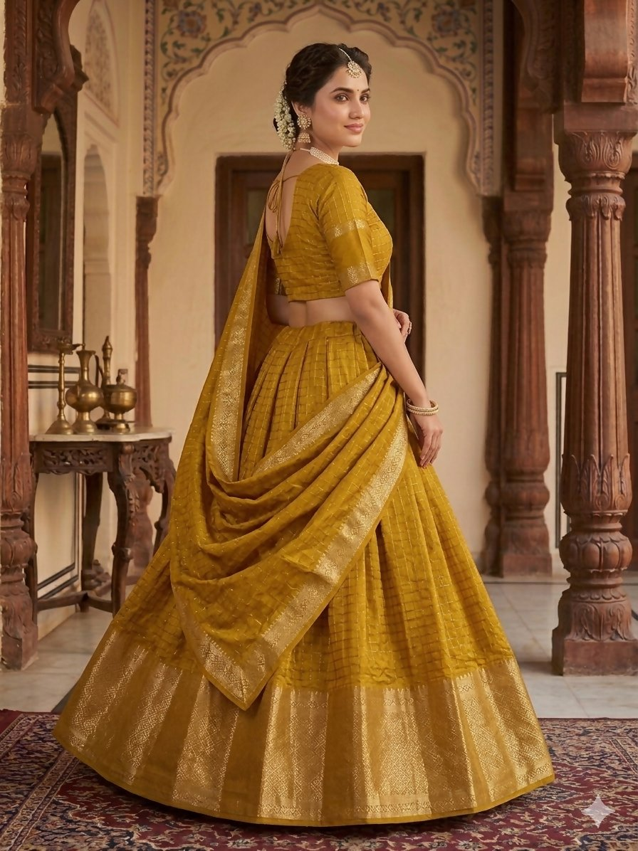 Teeya Creation New South Indian Silk Checked Half Saree Lehenga Choli with Zari Border-Yellow