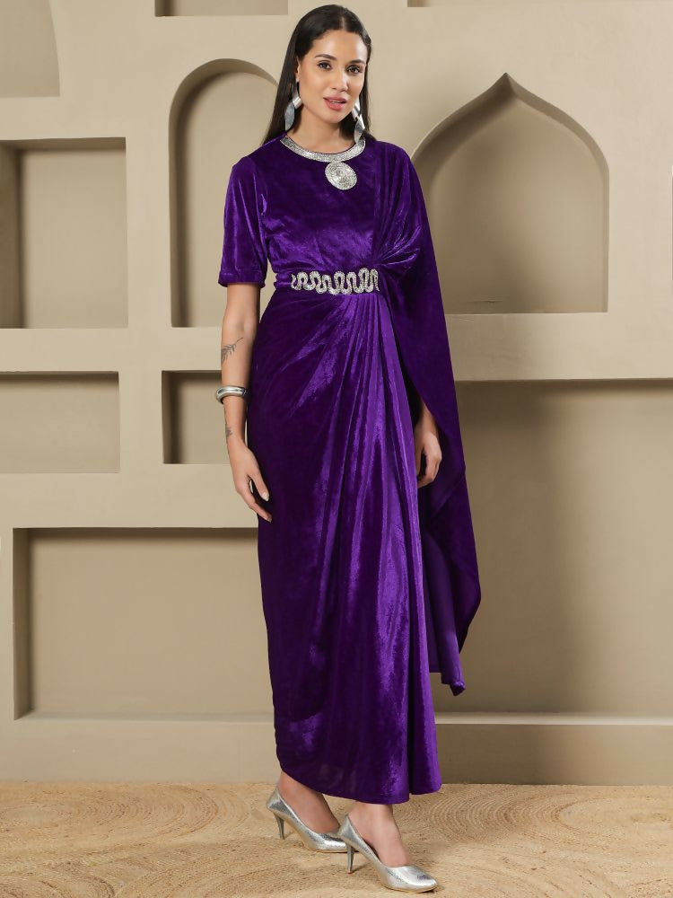 Joban Fashion Women Purple Velvet Hand Embellishment Stitched Dress