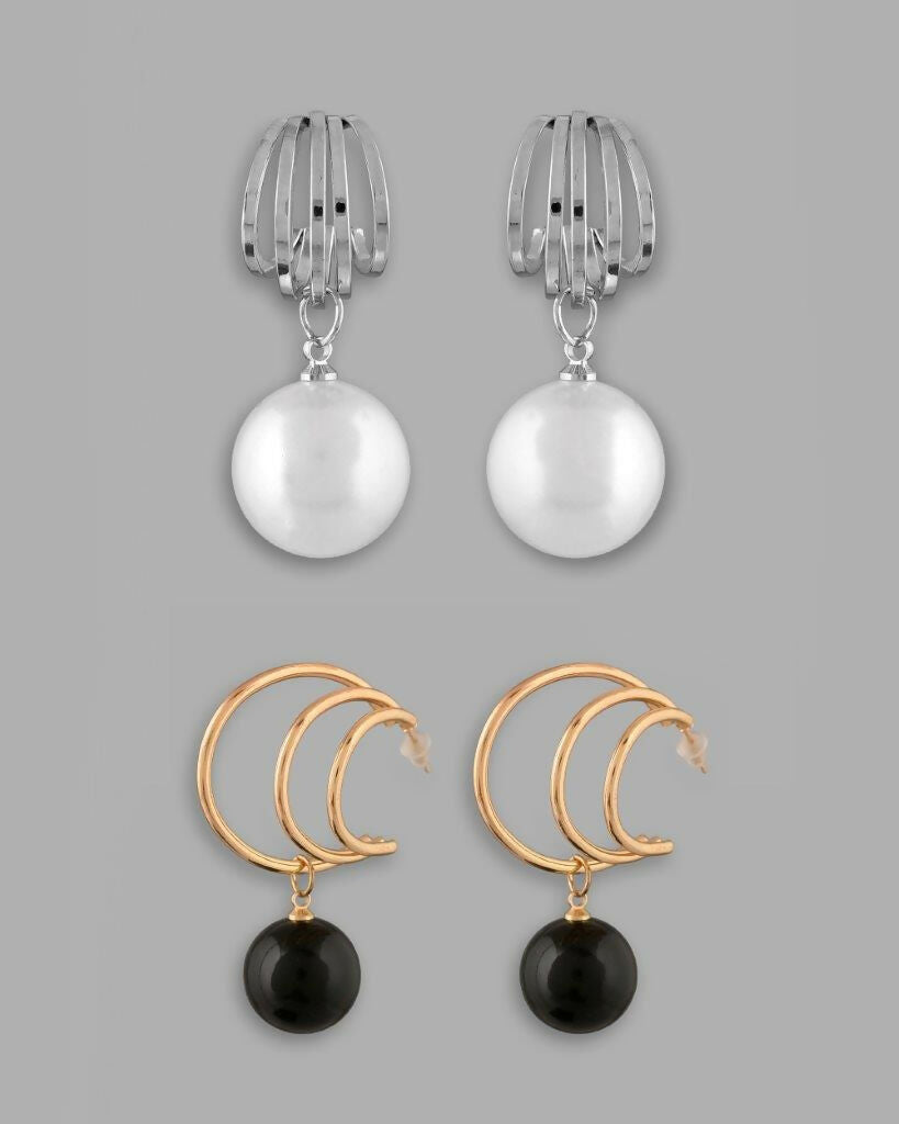 VOJ Set Of 2 Korean Drop Earrings - Gold Plated With Black Pearl and Silver Plated With White Pearl Earrings - Grab2buy