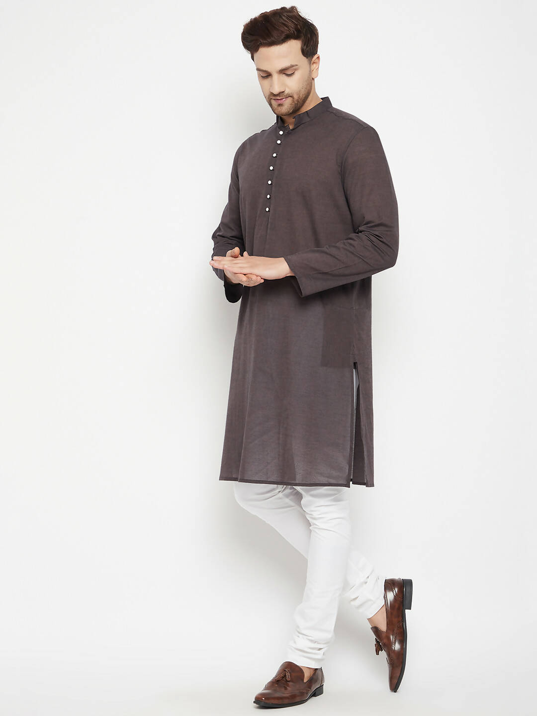 Even Apparels Brown Pure Cotton Long Men's Kurta With Band Collar 