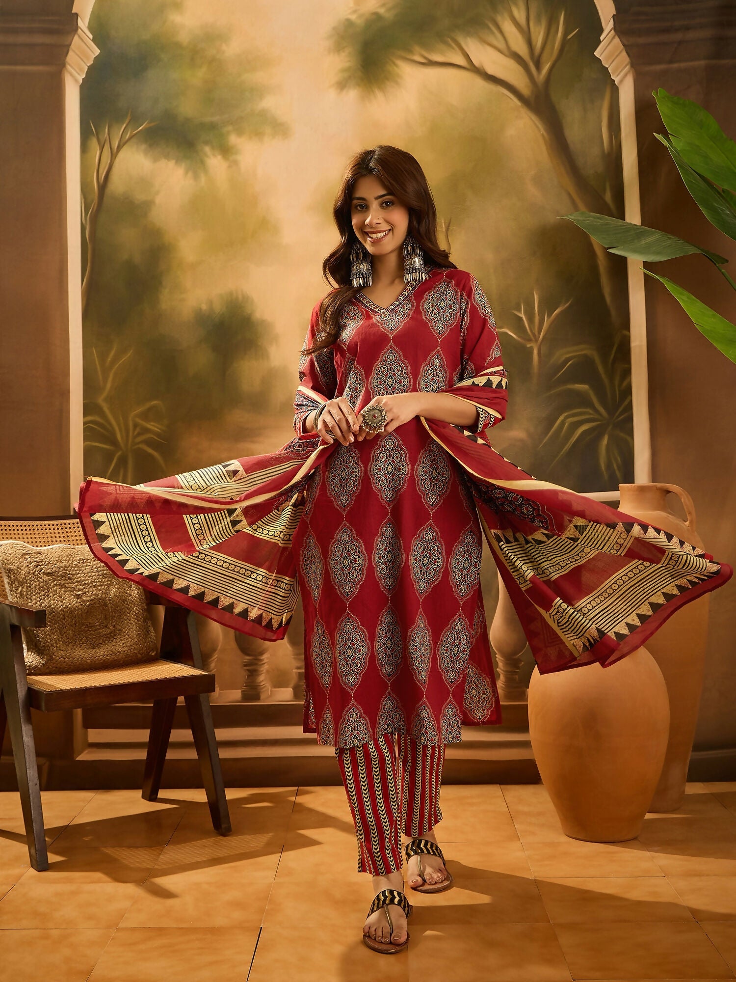 Joban Fashion Printed Maroon Pure Cotton Kurta Set