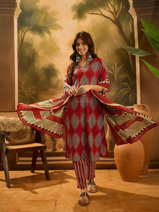 Joban Fashion Printed Maroon Pure Cotton Kurta Set
