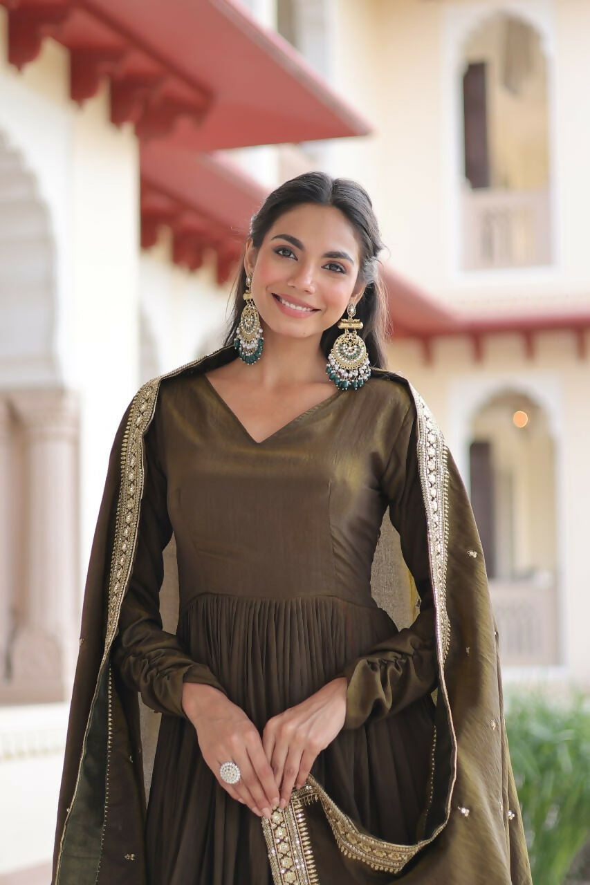 Teeya Creation Womens New Fancy Vichitra Silk With Rich Sequins Embroidered Work Gown Set