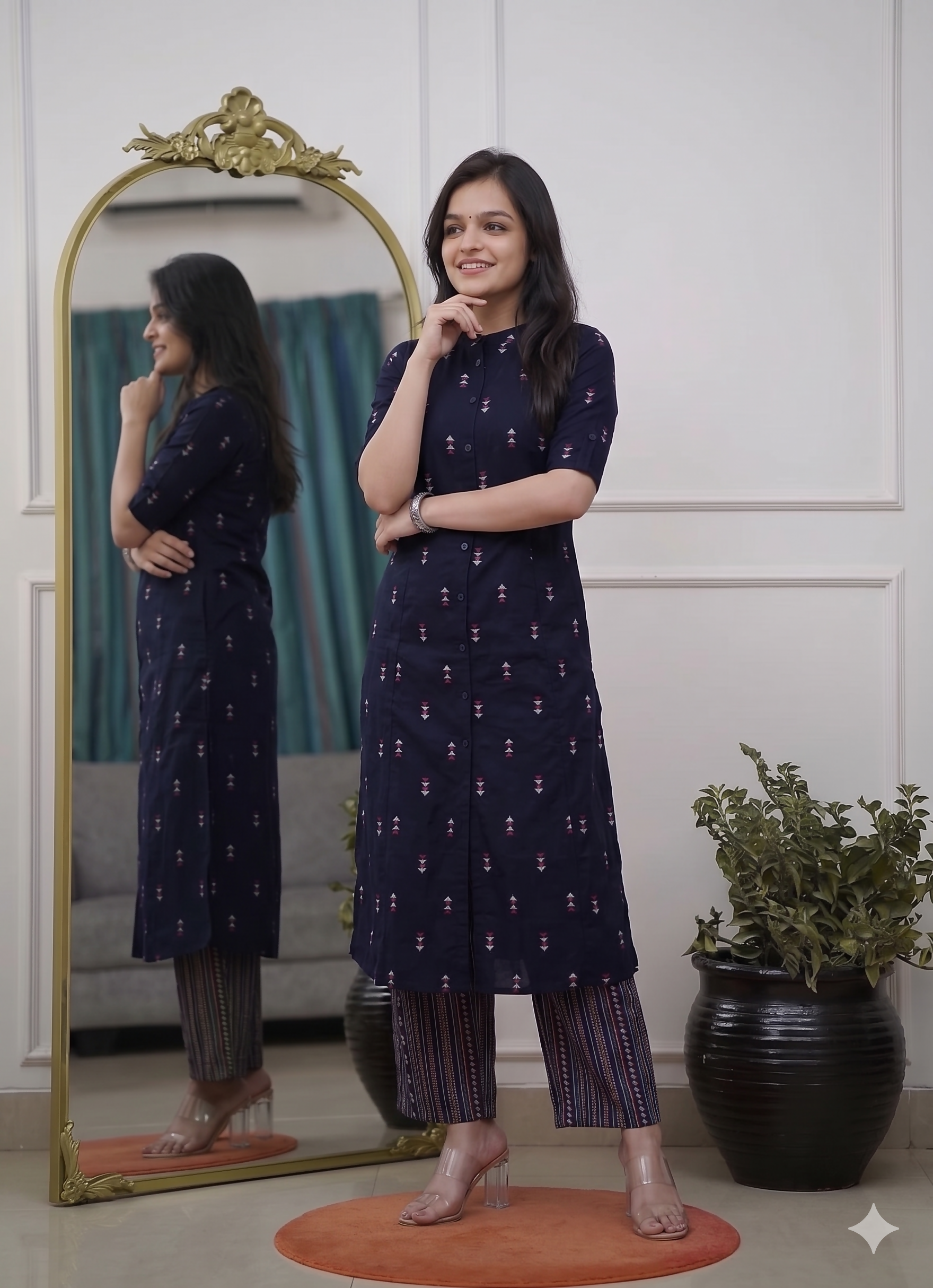 Teeya Creation Stylish Navy Blue Cotton Kurta With Geometric Print And Matching Palazzos