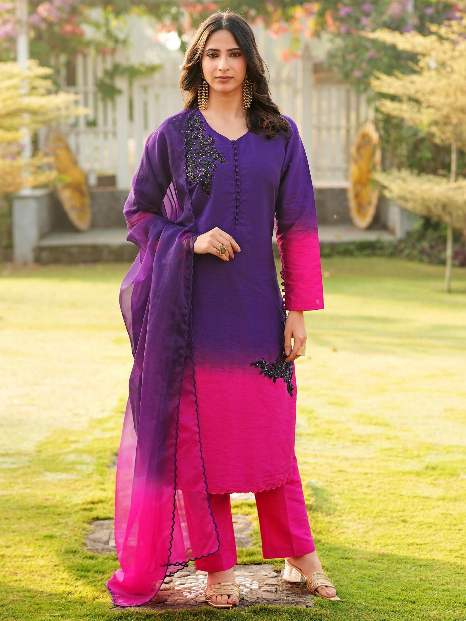 Nikhaar Dark Purple Embroidered Art Silk Stitched Straight Cut Kurta Pants Dupatta Readymade Suit
