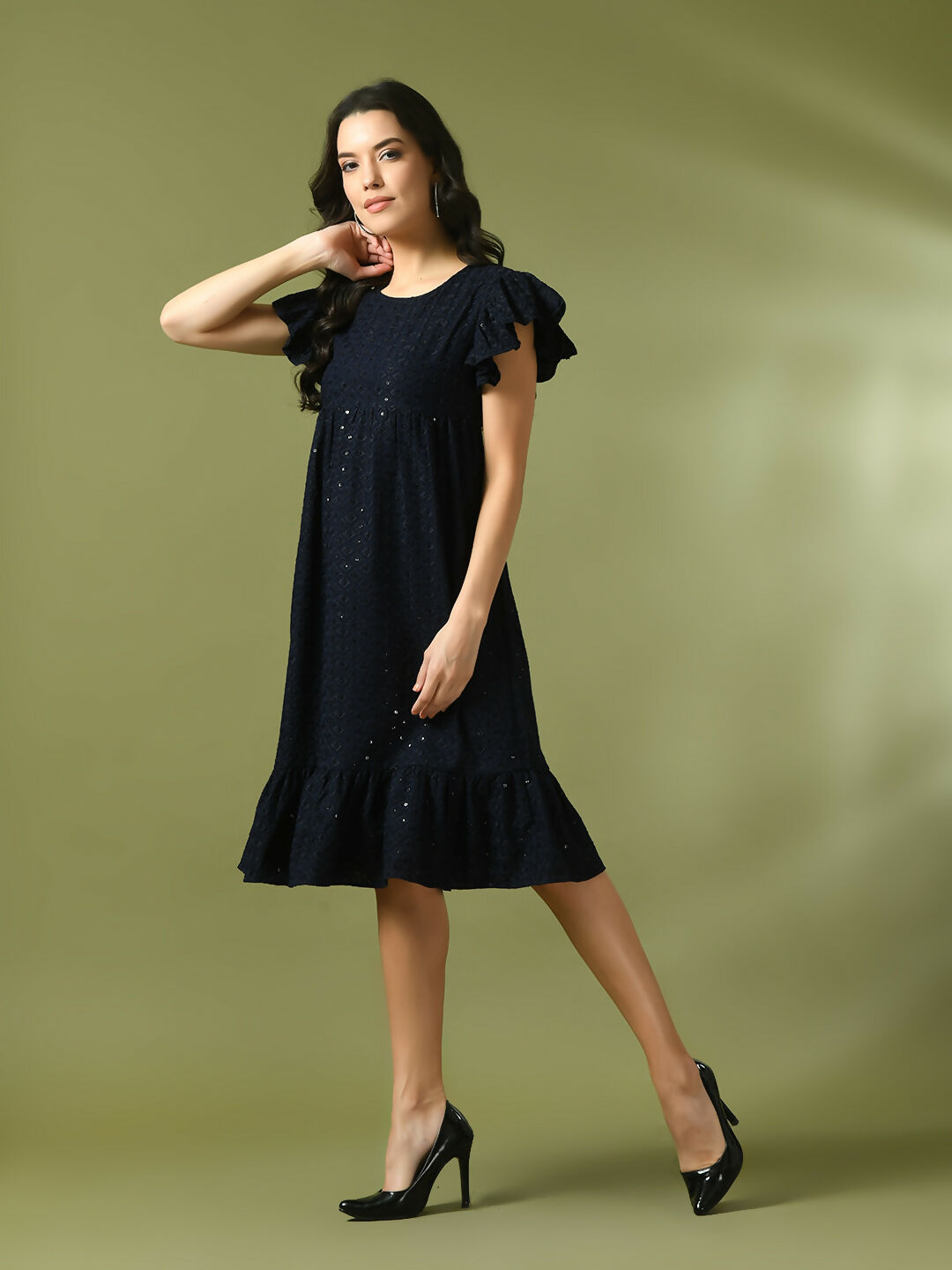 Myshka Women's Navy Blue Embroidered Cotton Round Neck A-Line Party Dress