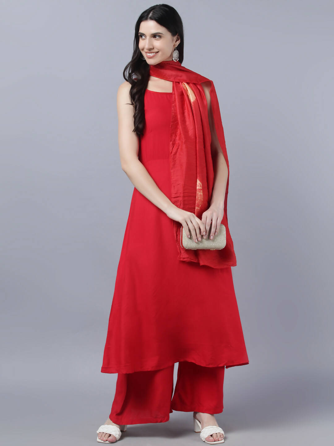 Myshka Women Red High Slit Kurta with Palazzos With Dupatta