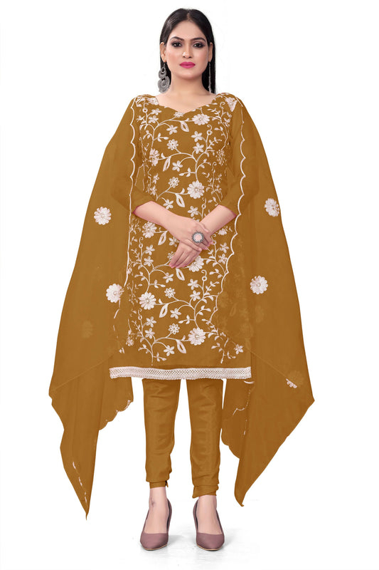 Olive Organza Silk Embroidered Work Unstitched Dress Material - Tanvi