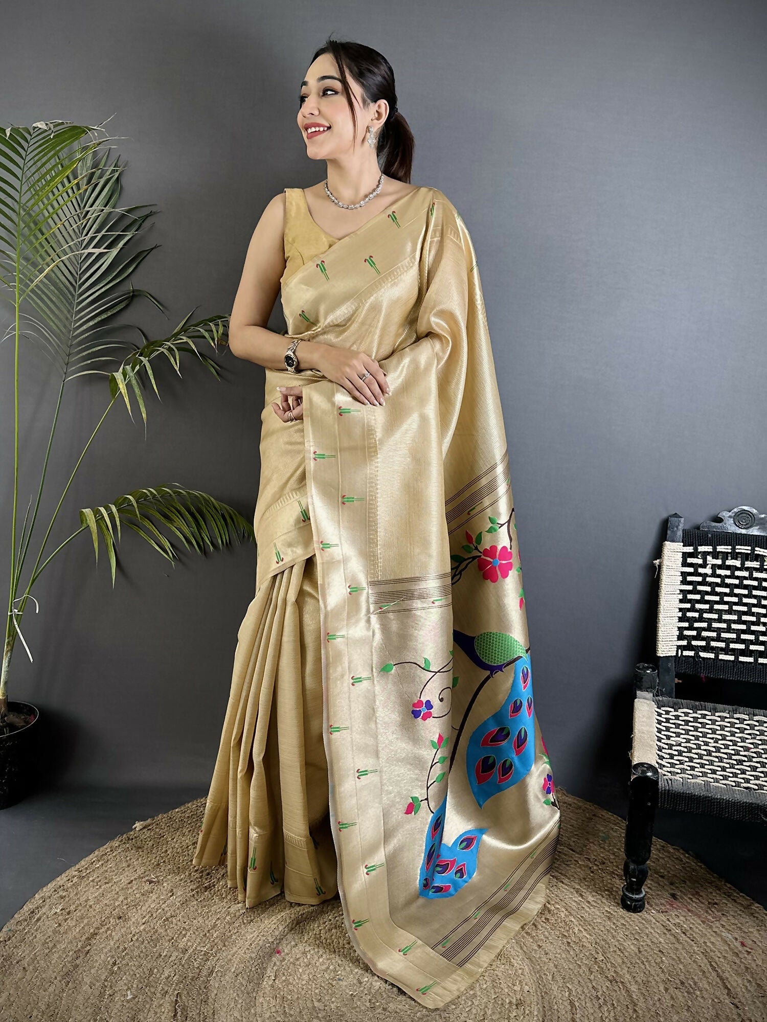 Joban Fashion Ivory Peacock & Floral Motifs Tissue Paithani Saree