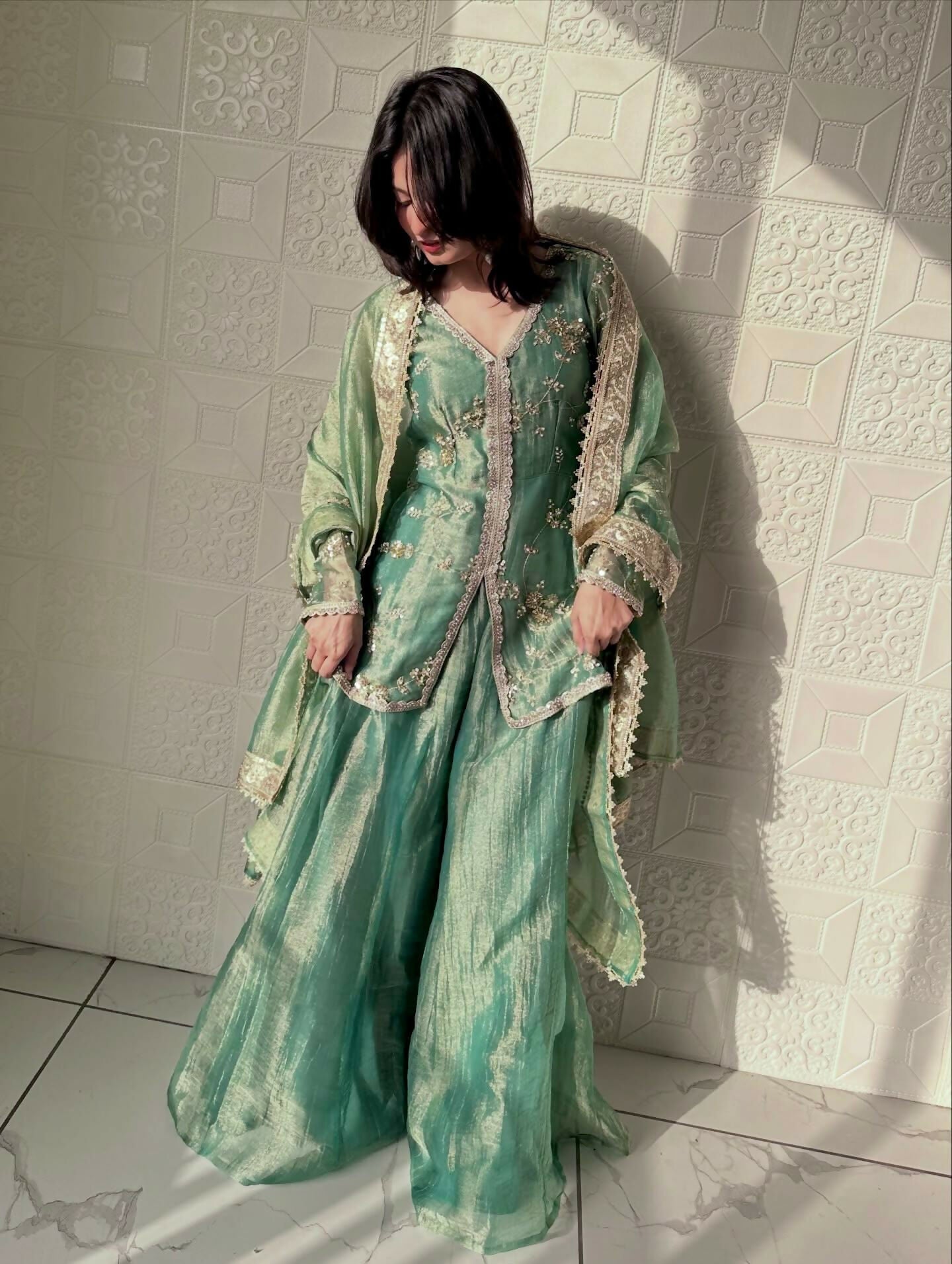 Teeya Creation Womens New Trendy Heavy Embroidery Work Kurta Palazzo Set - Green