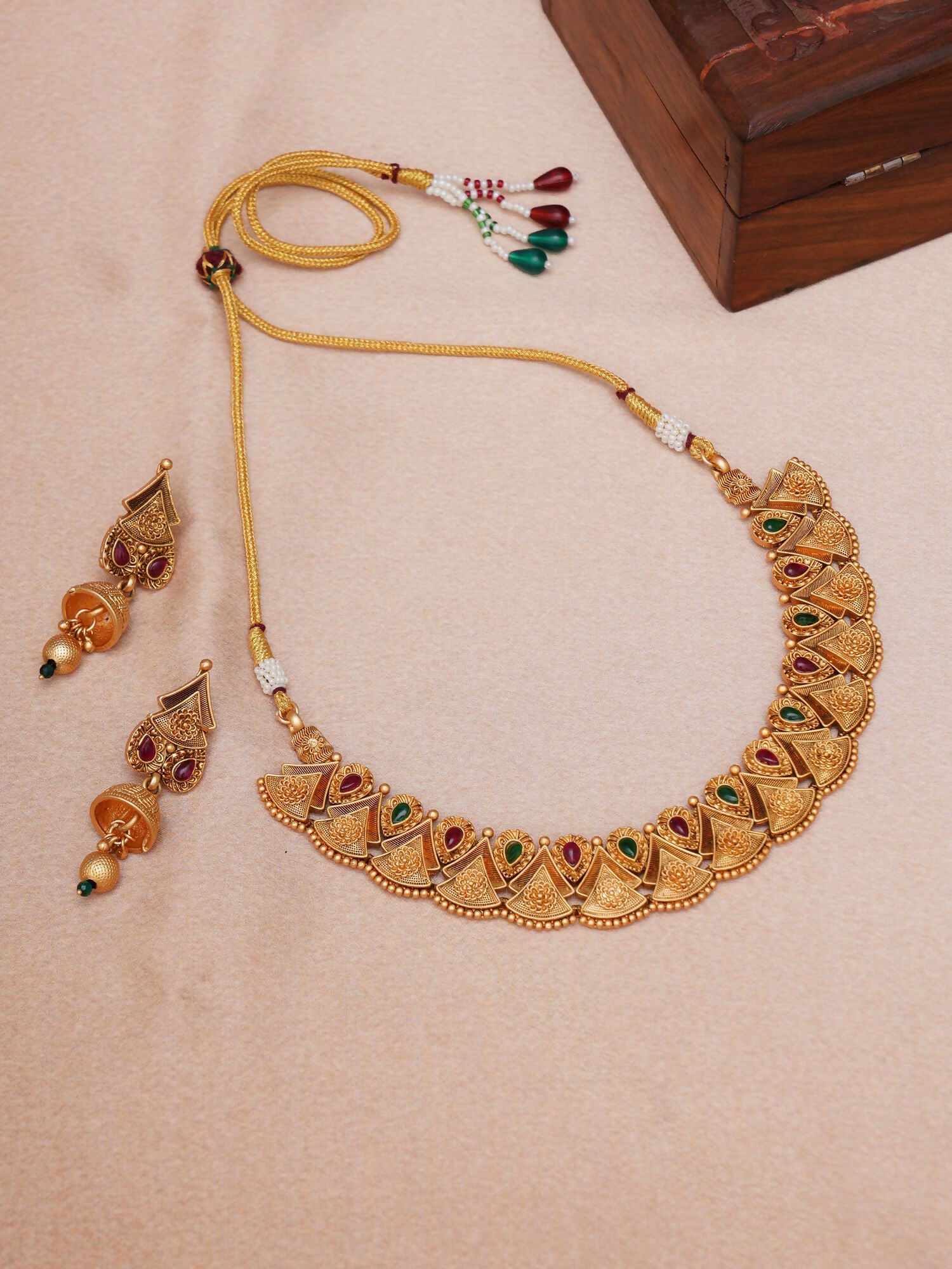 Temple Choker with Matching Jhumki Jewellery Set (Gold) - Ruby Raang - Grab2buy