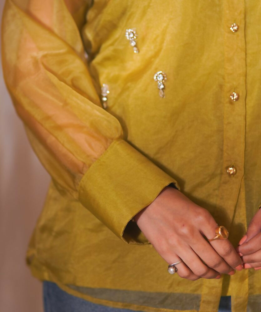 Timaraa Olive Glow Organza Hand-Embellished Shirt  Grab2Buy Timaraa Grab2Buy