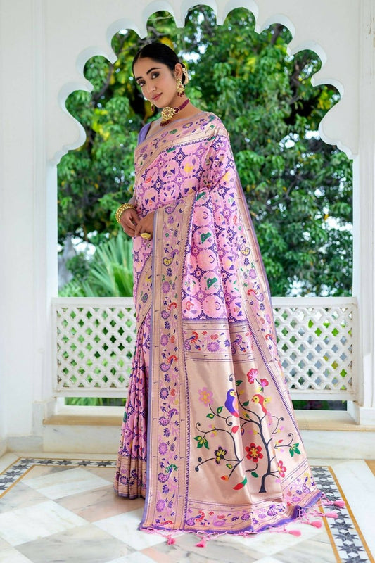 Aastha Fashion Baby Pink Woven Paithani Silk Saree with Blouse - Grab2buy