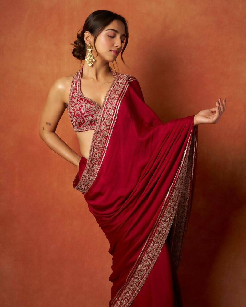 Joban Fashion Red Fandy Satin Silk Party Wear Sarees