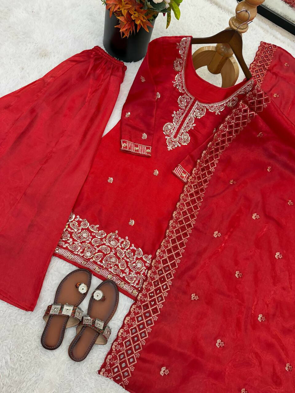 Teeya Creation Womens New Trendy Stylish Embroidery Beads Work Palazzo Kurta Set -Red