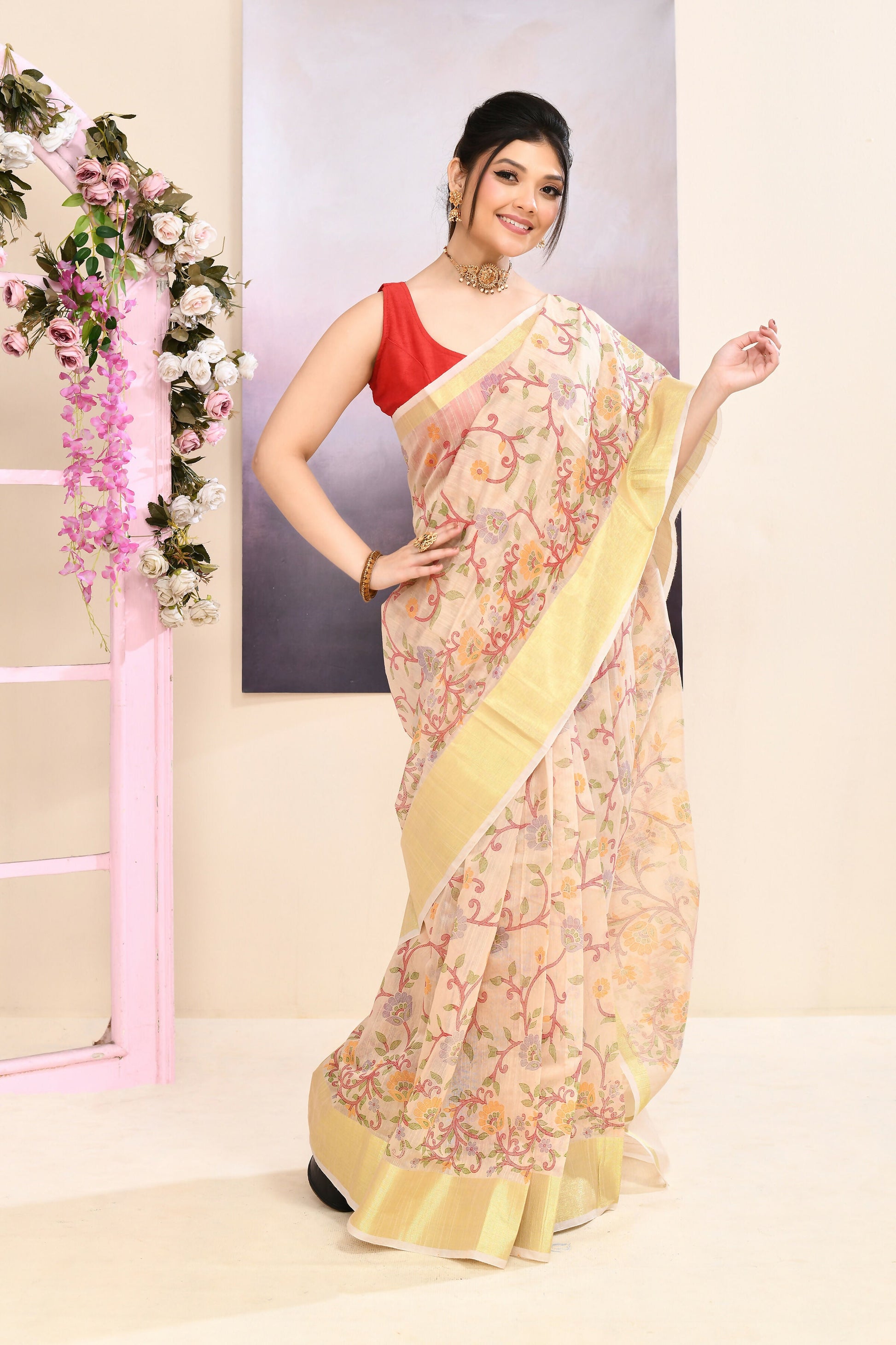 Piyari Fashion Women's Beige Embellished Cotton Blend Printed Saree