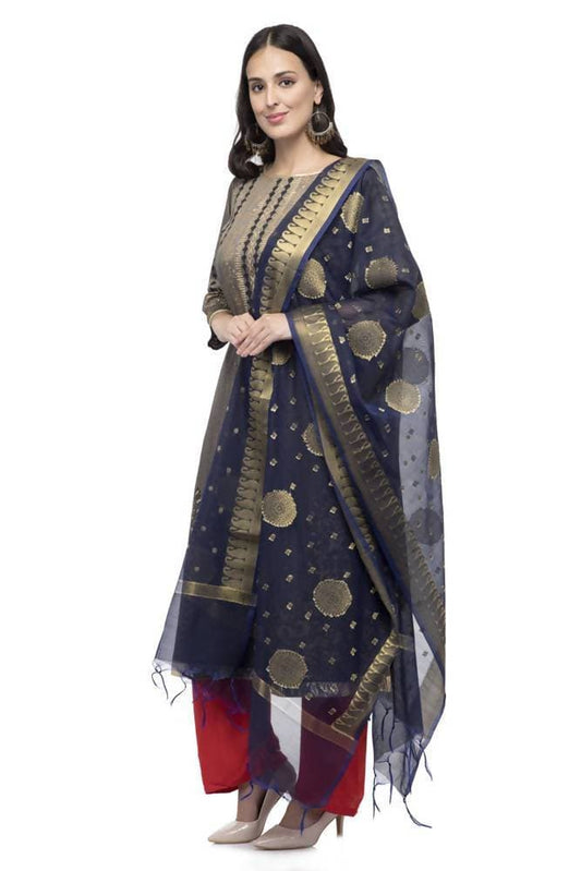 A R Silk Women's Vanarsi Silk Zari Border Embroidery Navy Blue Fancy Dupatta | Grab2Buy
