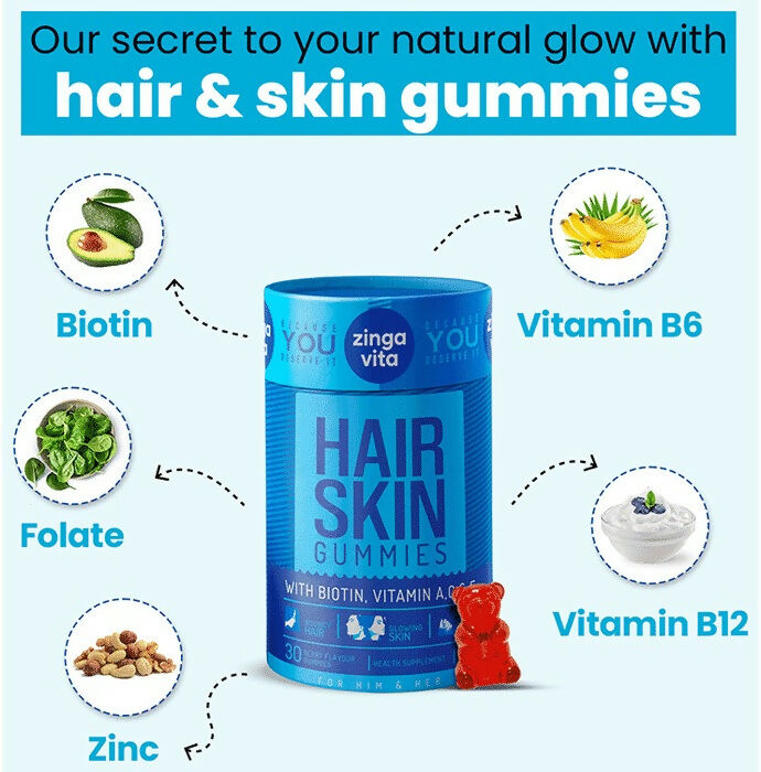 Zingavita Hair Skin Gummies with Biotin, Vitamin A C & E  Grab2Buy Zingavita Grab2Buy