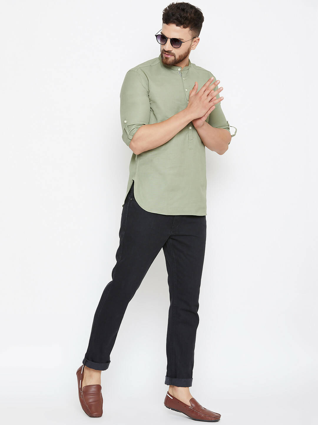 Even Apparels Green Color Men's Pure Cotton Kurta With Band Collar 