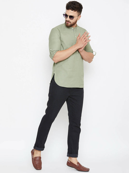 Even Apparels Green Color Men's Pure Cotton Kurta With Band Collar 