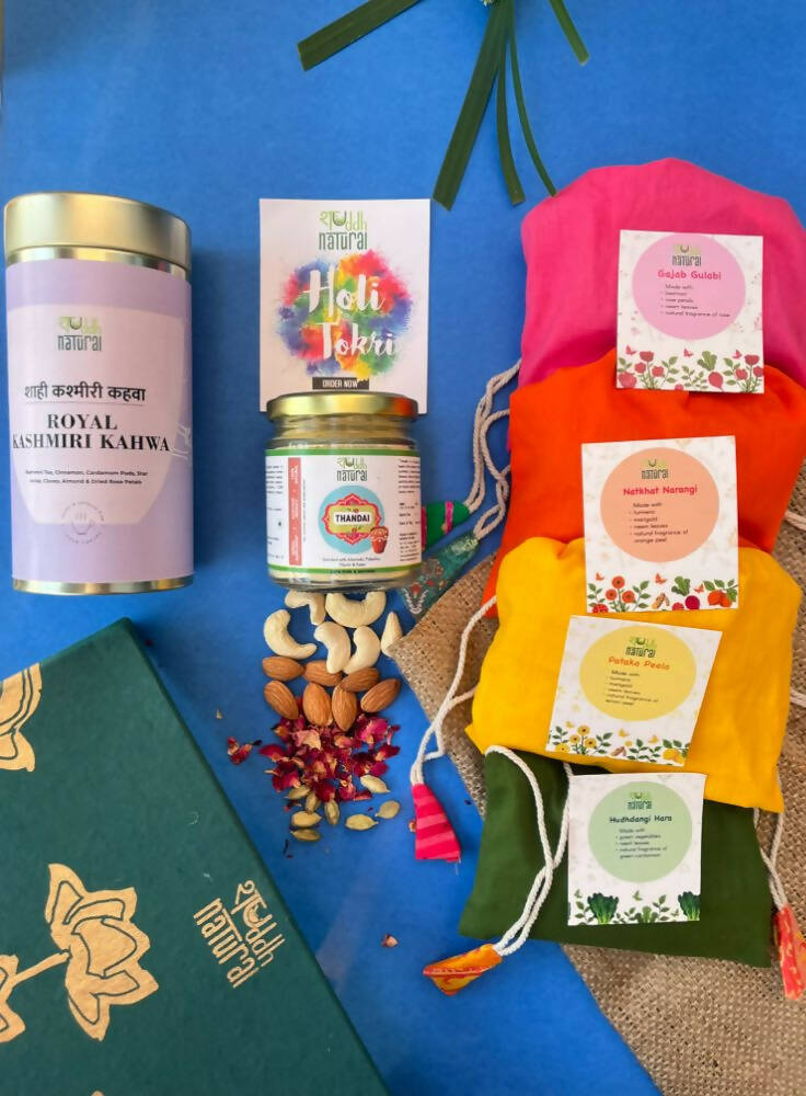 Shuddh Natural Ubtan Based Herbal Gulal | Ayurvedic Thandai Powder |Kashmiri Kahwa| Holi Gift Hamper 