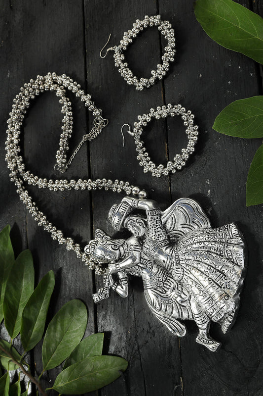 Mominos Fashion Johar Kamal Oxidised Silver-Plated Brass Finish Radha Kishan Long Necklace For Women - Grab2buy
