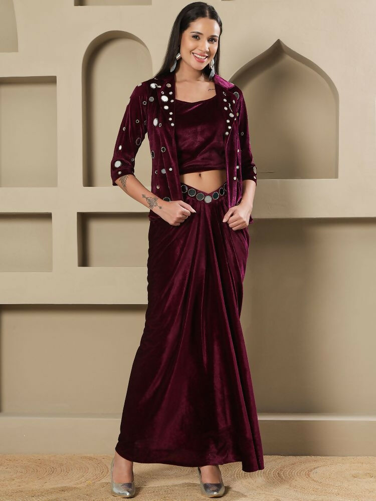 Joban Fashion Women Wine Velvet Hand Embellishment Stitched Dress