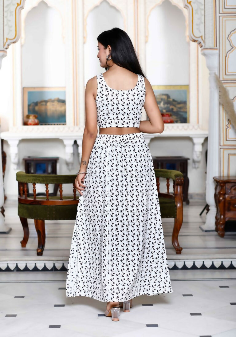 Miravan Women's White Animal Print Round Neck Top With Side Slit Skirt Co-Ord Set 