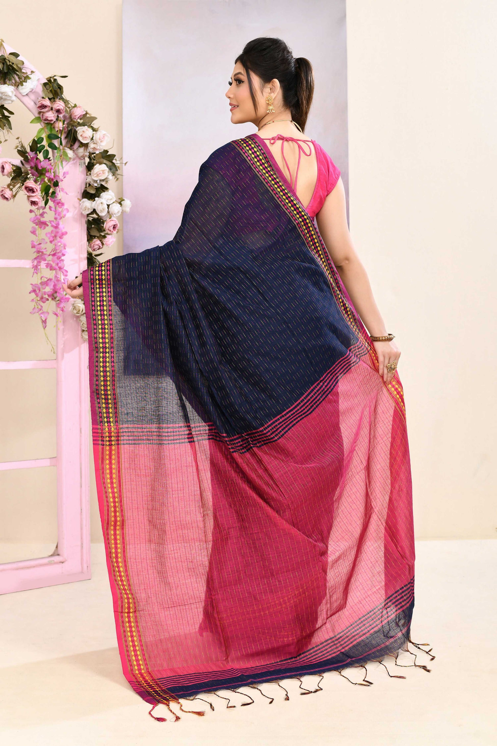 Piyari Fashion Women's Navy Blue Embellished Cotton Blend Jamdani Saree