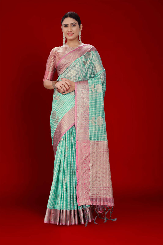 Sky Blue Soft Organza Woven Design Saree With Unstitched Blouse Piece - Zaara