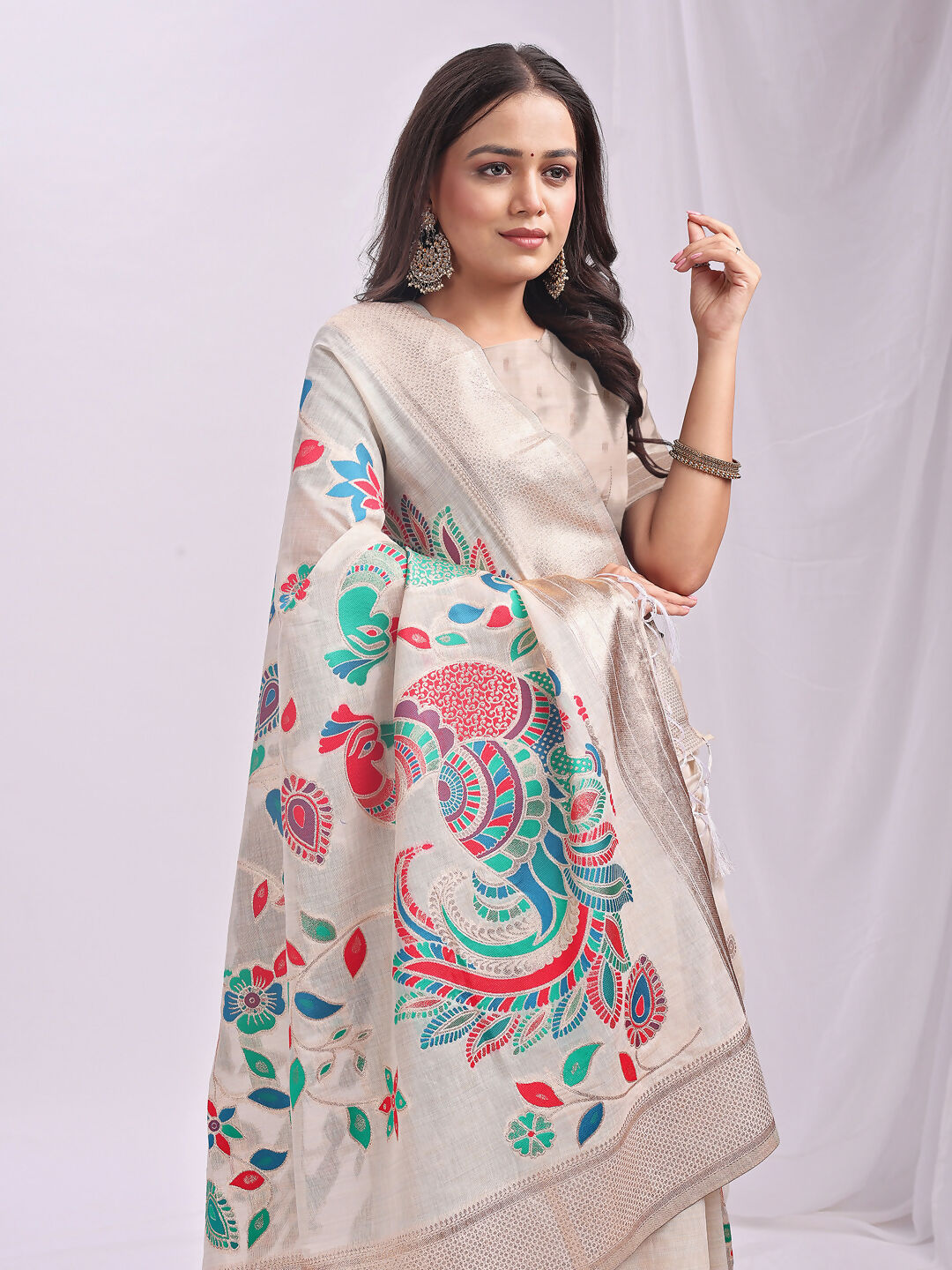 Shree Shyam Fashion Linen Cotton Cream Saree
