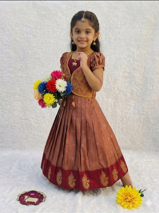 Teeya Creation New Designer Girls Rust Red Silk Traditional Langa Voni Lehenga Set With Koti Jacket-Red