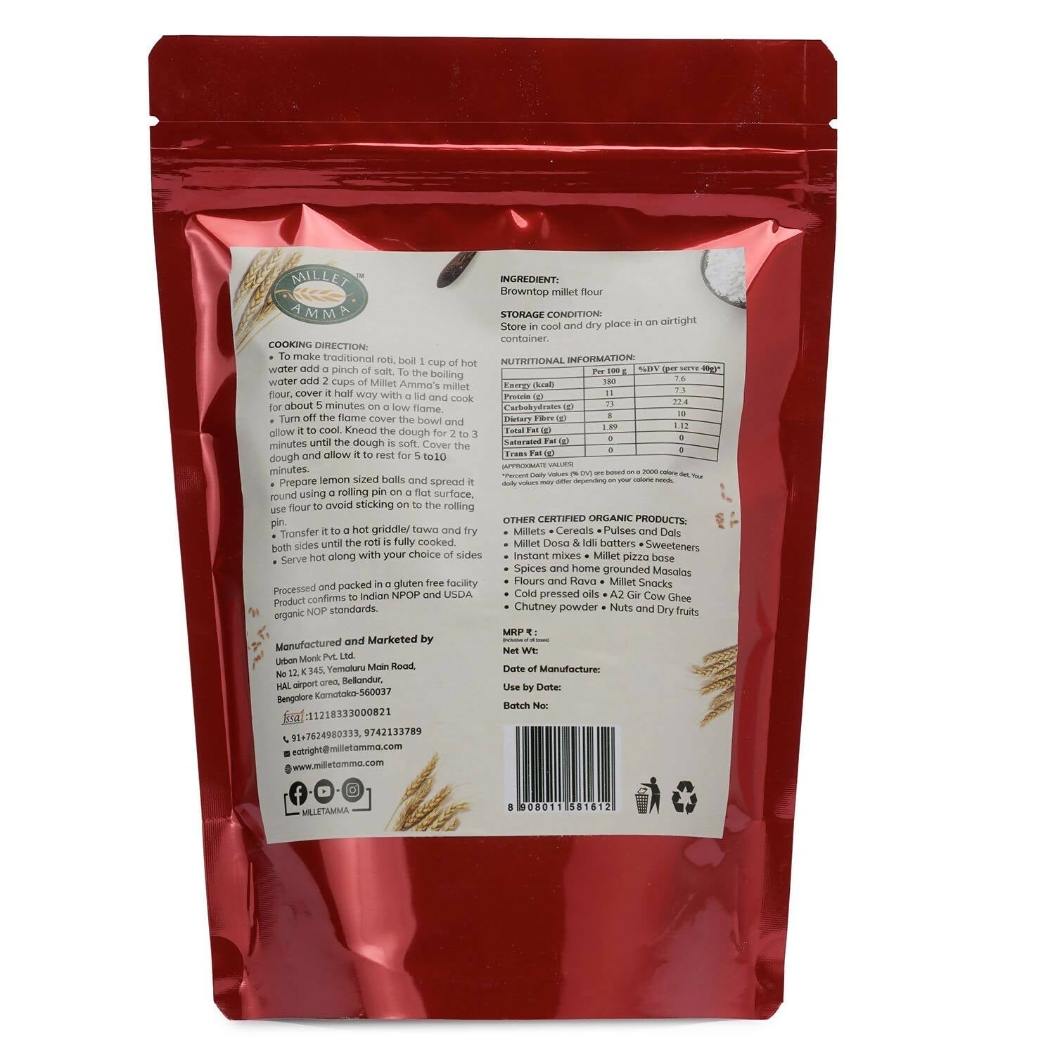 Millet Amma Organic Browntop Millet Flour 