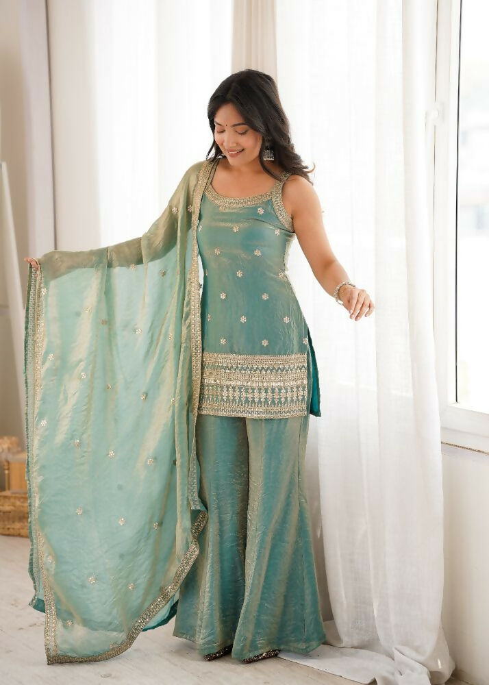 Teeya Creation Seafoam Green Embroidered Frendy Silk Sharara Suit Set