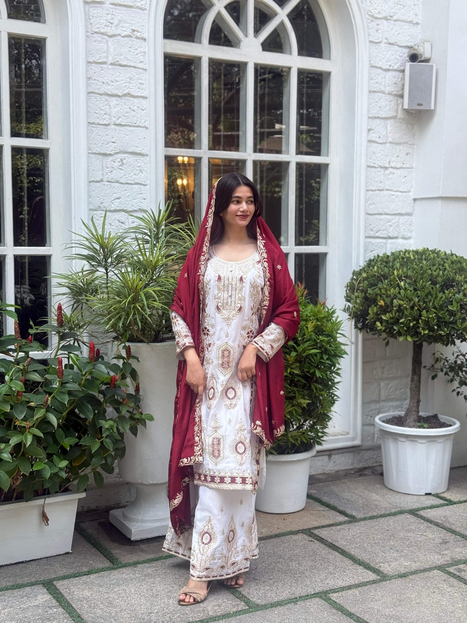 Teeya Creation White Color Chinon Silk Party Wear Trending Palazzo Set