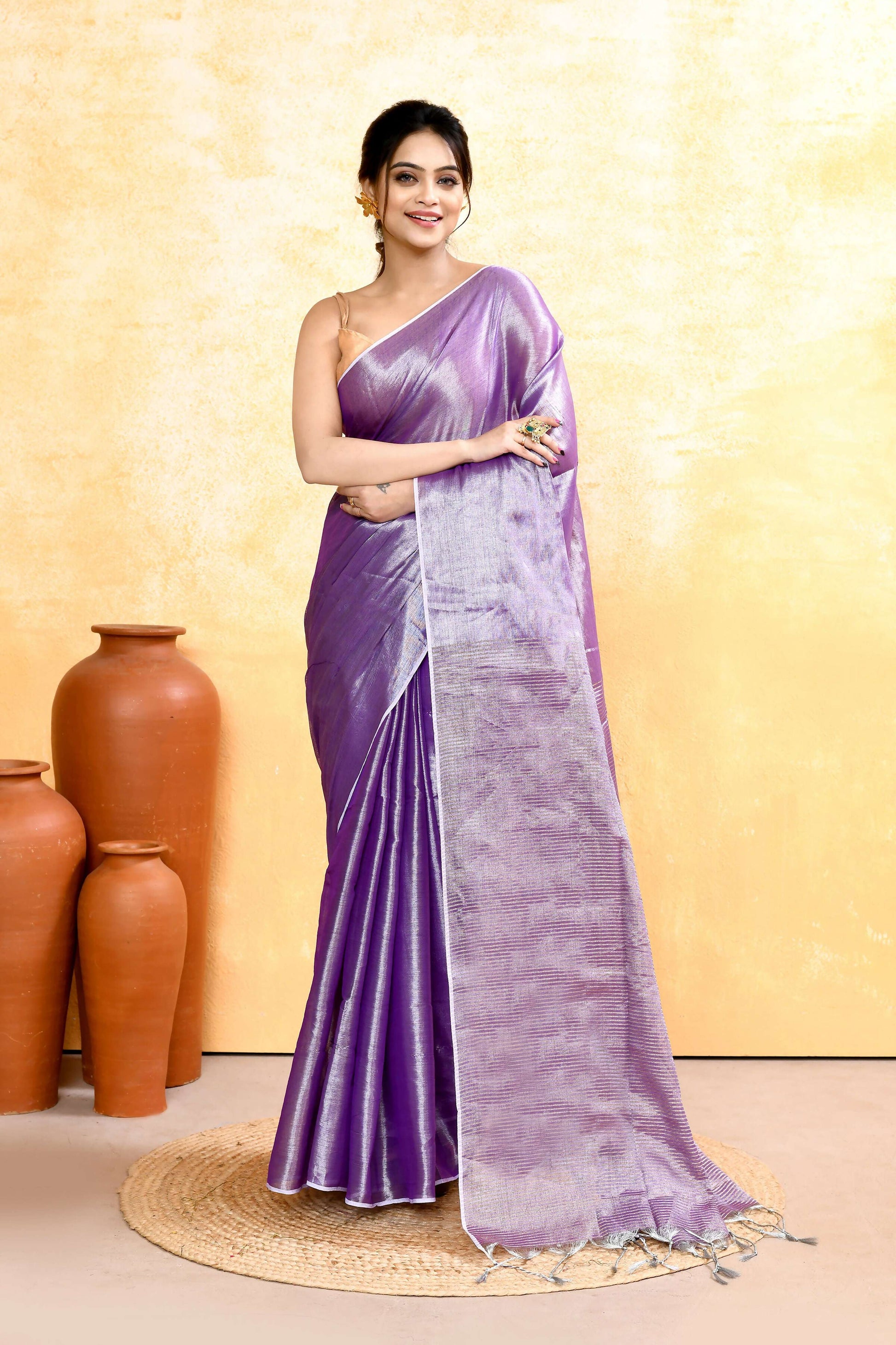 Piyari Fashion Women's Lavender Dual Tone Organic Tissue Saree With Blouse Piece