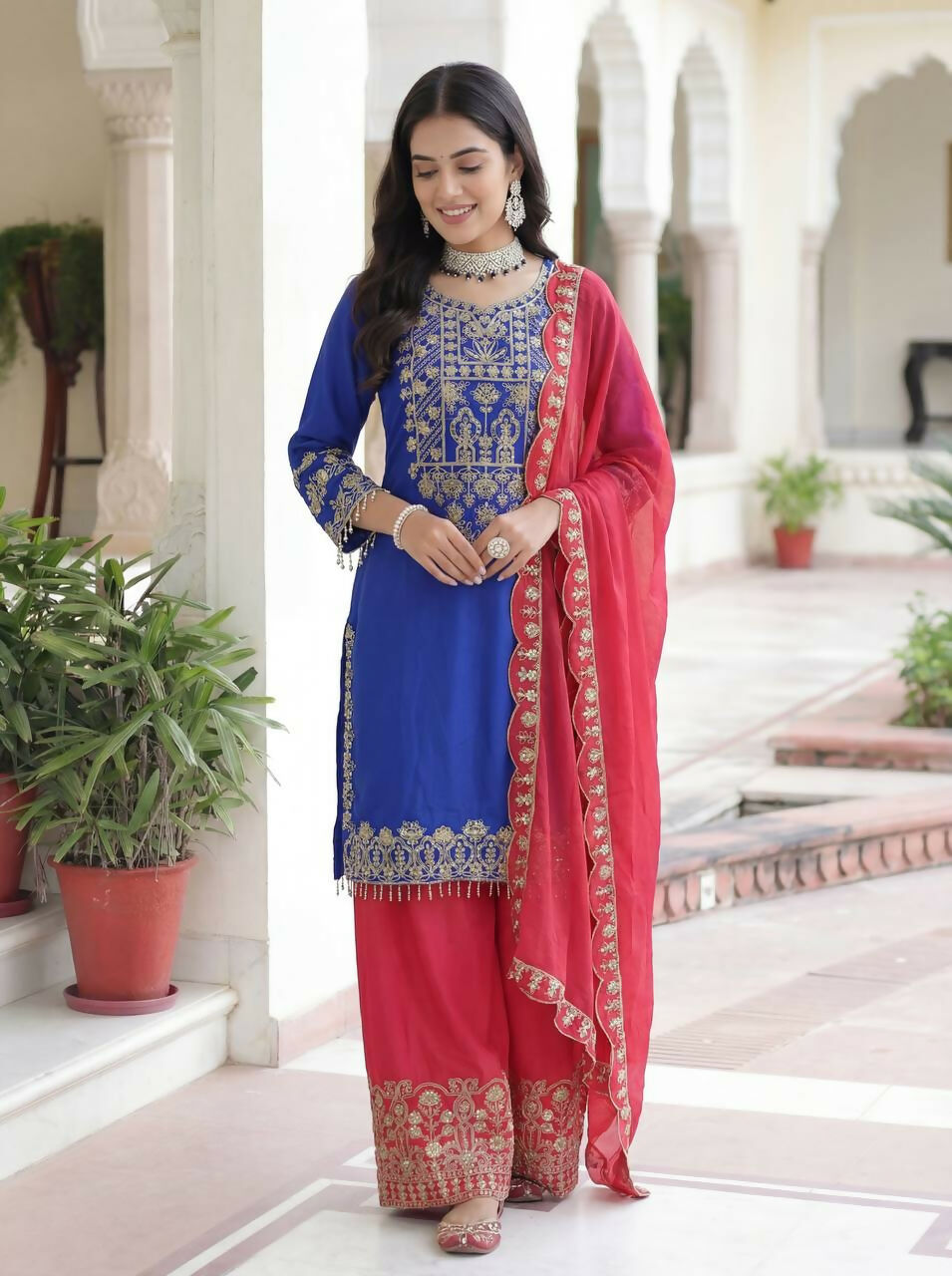 Joban Fashion Blue Silk Embroidered Sharara Set
