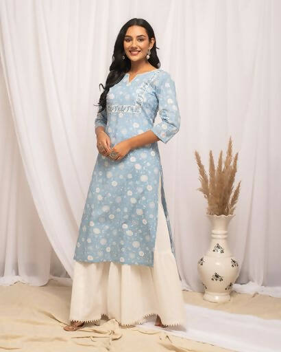 FIORRA Women's Floral Printed Sky Blue Cotton Straight Kurta 