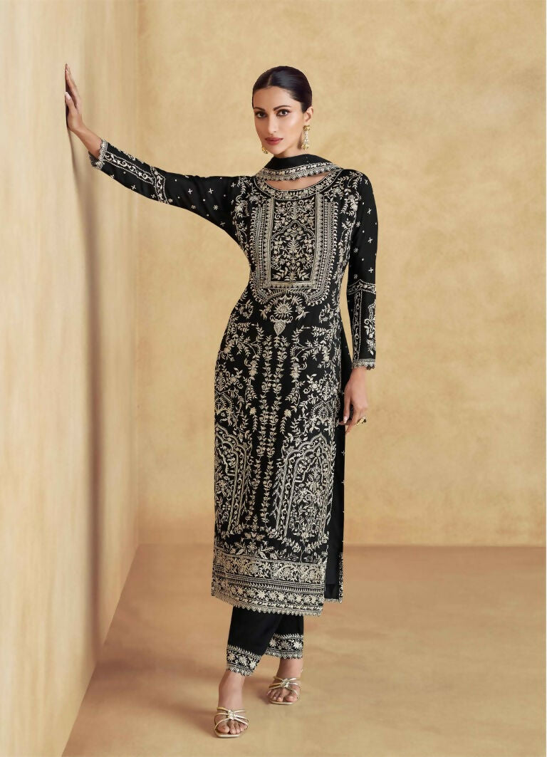 Vastranavya Black Chinon Silk Embroidered Sequins Pakistani Straight Pant Suit  Grab2Buy Vastranavya Grab2Buy