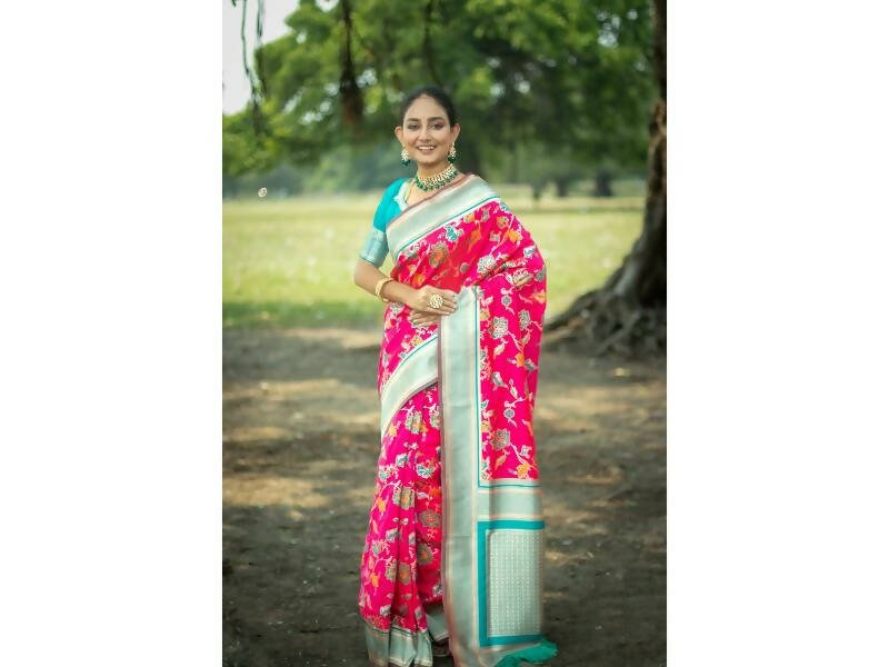 Aastha Fashion Women's Rani Pink Banarasi Silk Meenakari Zari Woven Saree with Blouse - Grab2buy