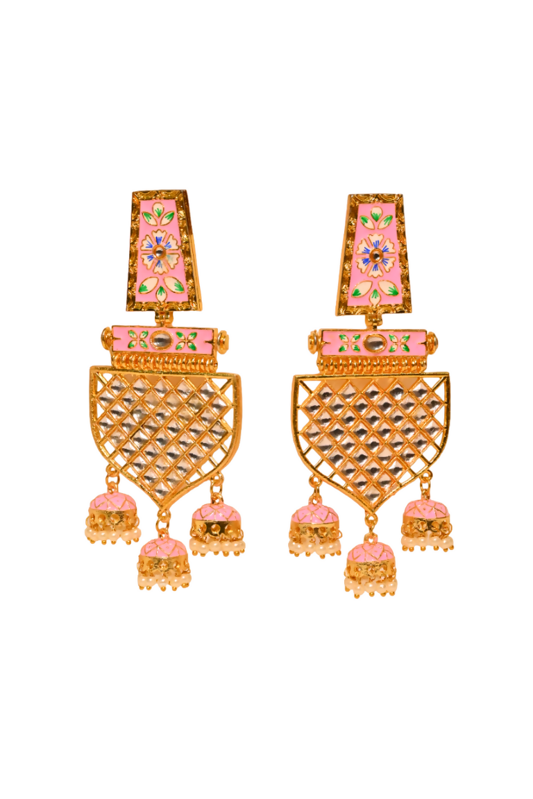 Pink Traditional Gold-Polished Meenakari Jhumka Jhumki Earrings Indian Jewellery For Women Girls By House of Ree House of Ree