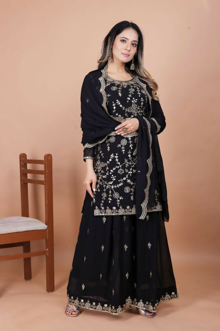 Teeya Creation Black Color Faux Georgette Embroidery Work Wedding Wear Palazzo Set
